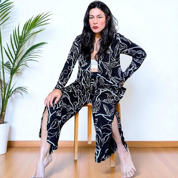 Chalet et ceci USA made botanical leaf bamboo blend 2 pc set kimono & pants S/M - Picture 1 of 14